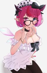 Rule 34 | 1girl, absurdres, beret, black-framed eyewear, black bow, black choker, black pantyhose, blue eyes, blush, bob cut, bow, bracelet, breasts, choker, cleavage, commentary, crystal wings, dress, english commentary, frilled dress, frills, glasses, gradient hair, hat, hat bow, heterochromia, highres, hololive, hololive english, horns, irys (casualrys) (hololive), irys (hololive), jewelry, lace-trimmed choker, lace trim, large breasts, looking at viewer, magui3, multicolored hair, nail polish, necklace, official alternate costume, official alternate hairstyle, pantyhose, pink hair, pink nails, pointy ears, purple eyes, purple hair, short dress, short hair, simple background, sleeveless, sleeveless dress, solo, spaghetti strap, sparkle print, swept bangs, virtual youtuber, white background, white dress, white hat