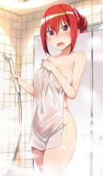 Rule 34 | 10s, 1girl, bathroom, blush, breasts, collarbone, covered navel, covering privates, fang, gabriel dropout, greatmosu, hair between eyes, hair bun, hair up, hand on own chest, highres, impossible towel, indoors, jpeg artifacts, large breasts, naked towel, nude, nude cover, open mouth, pink eyes, red hair, satanichia kurumizawa mcdowell, shower head, single hair bun, solo, steam, thighs, towel, wet, wide hips