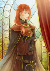 Rule 34 | 1boy, arm at side, armor, bangle, bracelet, breastplate, bridal gauntlets, cape, circlet, cowboy shot, curtains, fire emblem, fire emblem echoes: shadows of valentia, gyakko, hair over shoulder, hand up, high collar, highres, jewelry, long hair, long sleeves, looking away, low ponytail, luthier (fire emblem), male focus, narrowed eyes, nintendo, orange eyes, orange hair, red hair, sash, shoulder armor, solo, pauldrons, stained glass, tabard, upper body, wide sleeves, window