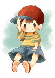 Rule 34 | 1boy, baseball cap, black hair, blue shorts, closed mouth, full body, hat, hitofutarai, looking at viewer, male focus, mother (game), mother 2, ness (mother 2), nintendo, red footwear, red hat, shirt, short sleeves, shorts, sitting, smile, socks, solid oval eyes, solo, striped clothes, striped shirt, white socks