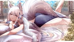 Rule 34 | 1girl, absurdres, animal ear fluff, animal ears, ass, azur lane, blue dress, breasts, dress, feather boa, feet out of frame, fox ears, halter dress, halterneck, highres, kitsune, large tail, long hair, lying, official alternate costume, on stomach, samip, shinano (azur lane), shinano (dreams of the hazy moon) (azur lane), sleeveless, sleeveless dress, slit pupils, solo, tail, thighs, very long hair, white hair
