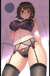 Rule 34 | &gt;:&lt;, 10s, 1girl, :&lt;, bad id, bad twitter id, black bra, black hair, black panties, black thighhighs, bow, bow panties, bra, breasts, closed mouth, contrapposto, from below, garter belt, hand on own chest, indoors, isshiki (ffmania7), kantai collection, lace, lace bra, lace panties, large breasts, lingerie, looking at viewer, looking down, midriff, navel, panties, purple eyes, red bow, short hair, solo, standing, stomach, takao (kancolle), thighhighs, underwear, v-shaped eyebrows