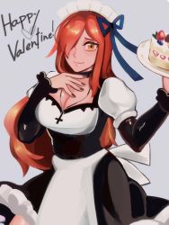 Rule 34 | 1girl, alternate costume, apron, blue ribbon, breasts, cake, cake slice, cleavage, cowboy shot, cross, cross necklace, food, grey background, hair over one eye, hair ribbon, hand on own chest, happy valentine, jewelry, long hair, maid, maid headdress, nail polish, necklace, orange eyes, parasoul (skullgirls), pow3776, puffy sleeves, red hair, ribbon, skullgirls, solo