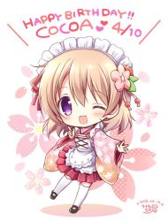 Rule 34 | 1girl, 2018, ;d, apron, brown hair, character name, chibi, dated, dress, english text, floral background, flower, gochuumon wa usagi desu ka?, hair ribbon, happy birthday, hoto cocoa, index finger raised, long sleeves, looking at viewer, maid apron, maid headdress, nanase miori, one eye closed, open mouth, outstretched arm, pink apron, pink flower, pleated dress, pleated skirt, polka dot, polka dot background, purple eyes, red dress, red ribbon, ribbon, short hair, skirt, smile, solo, thighhighs, white apron, white background, white thighhighs