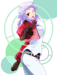 Rule 34 | 00s, 1girl, anew returner, ass, breasts, female focus, gloves, gundam, gundam 00, jacket, kinutarou, long hair, one eye closed, open mouth, pointing, purple hair, red eyes, smile, solo, wink