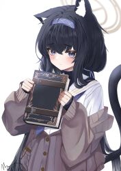 Rule 34 | 1girl, absurdres, animal ear fluff, animal ears, black hair, black shirt, black undershirt, blue archive, blue eyes, blue neckerchief, blush, book, cardigan, cat ears, cat girl, cat tail, closed mouth, commentary request, crossed bangs, grey cardigan, hairband, halo, highres, holding, holding book, long hair, long sleeves, low twintails, muang (muang vrc), neckerchief, purple hairband, school uniform, serafuku, shirt, signature, simple background, tail, twintails, ui (blue archive), upper body, white background, white serafuku, yellow halo