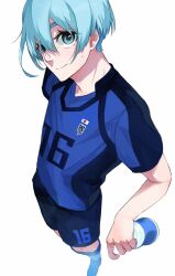 Rule 34 | 1boy, blue eyes, blue hair, blue lock, blue shirt, blue shorts, bottle, closed mouth, full body, highres, holding, l z8h, looking at viewer, male focus, shirt, shoes, short hair, short sleeves, shorts, simple background, smile, soccer uniform, socks, solo, sportswear, standing, water bottle, white background, you hiori