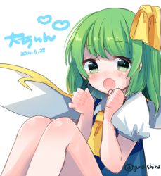 Rule 34 | 1girl, blush, bow, character name, daiyousei, dated, fairy wings, green eyes, green hair, hair bow, heart, matching hair/eyes, miiiiiiii, open mouth, puffy short sleeves, puffy sleeves, short sleeves, side ponytail, simple background, sitting, solo, touhou, twitter username, white background, wings