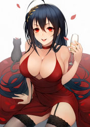 Rule 34 | 1girl, ahoge, azur lane, bad id, bad pixiv id, bare shoulders, black hair, black thighhighs, blush, breasts, cat, champagne flute, choker, cleavage, cocktail dress, cup, dress, drinking glass, garter straps, hair ornament, kyoeiki, large breasts, long hair, looking at viewer, one side up, petals, red choker, red dress, red eyes, smile, solo, taihou (azur lane), taihou (forbidden feast) (azur lane), thighhighs, white background
