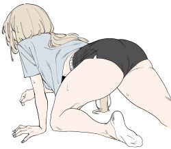 Rule 34 | 1girl, all fours, ass, black shorts, blonde hair, blue shirt, crawling, dolphin shorts, ears visible through hair, from behind, from side, highres, long hair, original, shirt, short shorts, short sleeves, shorts, simple background, socks, solo, t-shirt, thighs, urec, white background, white socks