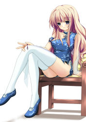 Rule 34 | 00s, blonde hair, blue eyes, chair, china dress, chinese clothes, dress, earrings, jewelry, long hair, macross, macross frontier, mycstea, sheryl nome, sitting, solo, thighhighs