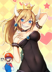 Rule 34 | !?, 1boy, 1girl, ^^^, arm up, armlet, bare arms, bare shoulders, black collar, black dress, blonde hair, blue eyes, blush, bowsette, breasts, brooch, brown hair, checkered background, chima q, collar, commentary request, covered navel, cowboy shot, crown, dress, earrings, facial hair, flat cap, gloves, grabbing, grabbing another&#039;s breast, grabbing own breast, grin, hair between eyes, hat, heart, highres, horns, jewelry, large breasts, long hair, looking at viewer, mario, mario (series), mini crown, mustache, new super mario bros. u deluxe, nintendo, one breast out, open mouth, outline, overalls, pointy ears, ponytail, red hat, red shirt, shaded face, sharp teeth, shirt, slit pupils, smile, spiked armlet, spiked collar, spiked shell, spikes, standing, star (symbol), strapless, strapless dress, super crown, teeth, white gloves, white outline, yellow background
