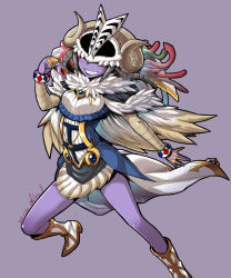 Rule 34 | 1girl, archfiend eccentrick, boots, bracelet, breasts, cape, colored skin, commentary request, covered eyes, demon girl, duel monster, feather trim, feathers, gem, grin, highres, horns, jewelry, medium breasts, ooike teru, purple background, purple skin, simple background, skull, smile, solo, white cape, white footwear, yu-gi-oh!