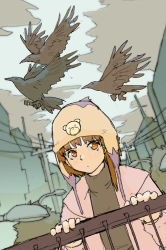Rule 34 | 1girl, :|, absurdres, animal, animal print, asymmetrical hair, backlighting, beanie, bear print, beige headwear, bird, blank stare, blush, brown eyes, brown hair, brown hat, building, city, cityscape, closed mouth, cloud, cloudy sky, crow, dutch angle, expressionless, flying, hair ornament, hands up, hat, highres, iwakura lain, jacket, jaggy lines, lamppost, long sleeves, looking at viewer, muted color, open clothes, open jacket, outdoors, overcast, pantsu-ripper, pink jacket, power lines, print headwear, railing, serial experiments lain, short hair, single sidelock, sky, solo, turtleneck, upper body, urban, utility pole, x hair ornament
