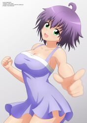 Rule 34 | 1girl, absurdres, breasts, cleavage, collarbone, dress, green eyes, grey background, highres, large breasts, looking at viewer, open mouth, pointing, pointing at viewer, purple dress, purple hair, short hair, sleeveless, sleeveless dress, smile, standing, yukino akaihi, yukino memories, zel-sama