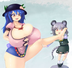Rule 34 | 2girls, animal ears, blue hair, breasts, bursting breasts, cleavage, covered erect nipples, feet, gigantic breasts, grey hair, hat, hinanawi tenshi, licking, mouse ears, mouse tail, multiple girls, nazrin, oukadan, red eyes, standing, straining buttons, tail, touhou