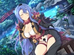 Rule 34 | 1girl, armor, blue hair, bra, breasts, cleavage, closed eyes, highres, japanese armor, japanese clothes, large breasts, long hair, nachi (senran kagura), night, panties, revealing clothes, senran kagura, sitting, smile, solo, spread legs, thick thighs, thighs, underboob, underwear, uniform, white panties