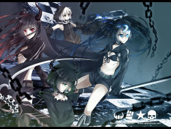 Rule 34 | 10s, 4girls, bikini, bikini top only, black gold saw, black hair, black rock shooter, black rock shooter (character), blue eyes, boots, chain, dead master, glowing, glowing eyes, highres, hood, horns, king saw, king saw, long hair, mechanical arms, midriff, multiple girls, navel, pale skin, ranyun, red eyes, scar, shorts, single mechanical arm, strength (black rock shooter), swimsuit, sword, twintails, weapon, white hair, wings, yellow eyes