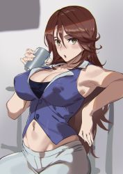 Rule 34 | 1girl, :o, armpits, ashiomi masato, bare shoulders, blush, breasts, brown eyes, brown hair, cleavage, collarbone, covered erect nipples, cup, groin, gundam, gundam 00, hair between eyes, holding, holding cup, impossible clothes, large breasts, long hair, looking at viewer, midriff, navel, pants, pinky out, sitting, solo, sumeragi lee noriega, swept bangs, very long hair, vest, white pants