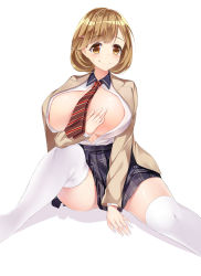 Rule 34 | 10s, 1girl, breasts, brown eyes, brown hair, hair ornament, hairclip, heart, heart hair ornament, highres, huge breasts, looking at viewer, matching hair/eyes, narusawa ryouka, necktie, no bra, occultic;nine, open clothes, open shirt, plaid, plaid skirt, shadow, shirt, short hair, simple background, skirt, smile, smile-xx, solo, thighhighs, white background, white thighhighs