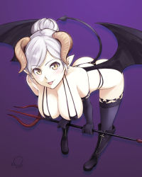 Rule 34 | 1girl, :p, bare shoulders, breasts, brown eyes, cleavage, demon girl, demon tail, demon wings, elbow gloves, gloves, huge breasts, korisei, leaning forward, looking at viewer, original, pointy ears, polearm, purple background, silver hair, simple background, solo, tail, tongue, tongue out, trident, weapon, wings