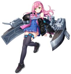 Rule 34 | 1girl, anchor, arm at side, arm up, azur lane, black thighhighs, blouse, blue skirt, blush, breasts, choker, closed mouth, full body, green eyes, jacket, large breasts, long hair, long sleeves, looking at viewer, memphis (azur lane), pink hair, pink ribbon, ribbon, rigging, sailor collar, shirt, shoes, silveroid, skirt, sleeveless, sleeveless shirt, sneakers, solo, thighhighs, transparent background, white shirt, zipper