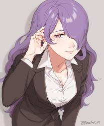 Rule 34 | 1girl, absurdres, alternate costume, black suit, breasts, camilla (fire emblem), fire emblem, fire emblem fates, formal, grey background, hair over one eye, highres, large breasts, lips, long hair, nintendo, office lady, peach11 01, pencil skirt, purple eyes, purple hair, skirt, solo, suit, very long hair, wavy hair