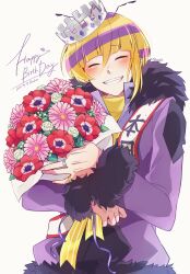 Rule 34 | 1boy, akasuzu3641, blush, bouquet, closed eyes, facing viewer, flower, hachin (show by rock!!), highres, holding, holding bouquet, jacket, long sleeves, male focus, multicolored hair, open mouth, orange hair, pink flower, purple hair, purple jacket, red flower, sharp teeth, short hair, show by rock!!, smile, solo, teeth, white background