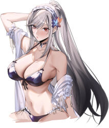 Rule 34 | 1girl, arm behind head, arm up, azur lane, bare shoulders, bikini, black choker, black hair, blue flower, blush, breasts, choker, closed mouth, collarbone, cropped legs, dunkerque (azur lane), dunkerque (summer sucre) (azur lane), eichi (yashokuya), flower, gradient hair, grey hair, hair flower, hair ornament, hairband, high ponytail, highres, large breasts, lips, long hair, looking at viewer, multicolored hair, navel, official alternate costume, purple bikini, red eyes, simple background, sketch, solo, stomach, swept bangs, swimsuit, white background, white hairband