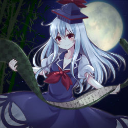 Rule 34 | 1girl, absurdres, bamboo, bamboo forest, blue dress, blue hair, blush, breasts, cleavage, collarbone, downblouse, dress, forest, hair between eyes, hat, hat ribbon, highres, holding, holding scroll, kamishirasawa keine, large breasts, long hair, looking at viewer, moon, moonlight, multicolored hair, nature, night, night sky, puffy short sleeves, puffy sleeves, red eyes, ribbon, scroll, short sleeves, sky, smile, solo, star (sky), starry sky, subaru (subachoco), touhou, two-tone hair, white hair