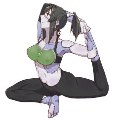 Rule 34 | 1girl, barefoot, black hair, black leggings, breasts, closed mouth, commentary request, feet, full body, high ponytail, kunai zenow, leggings, looking up, monster girl, monster musume no oisha-san, nagi ria, orange eyes, pants, ponytail, simple background, soles, solo, sports bra, stitches, stretching, sweat, toes, white background, yoga, yoga pants, zombie