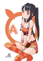 Rule 34 | 1girl, arancia, armband, black hair, breasts, cleavage, face, guitar (guitars), highres, long hair, medium breasts, midriff, miniskirt, orange skirt, original, panties, pantyshot, signature, simple background, sitting, skirt, smile, solo, strap slip, striped clothes, striped thighhighs, thighhighs, twintails, underwear