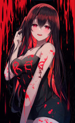 Rule 34 | 1girl, :d, absurdres, bare arms, bare shoulders, black background, black dress, black hair, blood, blood on clothes, blush, breasts, cleavage, collarbone, colored inner hair, dress, gongha, hair between eyes, hand up, highres, long hair, looking at viewer, multicolored hair, nail polish, open mouth, original, red background, red eyes, red hair, red nails, side ponytail, smile, solo, teeth, upper teeth only, very long hair
