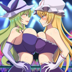 Rule 34 | 2girls, blonde hair, blurry, blurry background, blush, breast contest, breast envy, breast fight, breast press, breasts, ceiling light, clenched teeth, cowboy shot, crop top, crowd, edorado, elbow gloves, gloves, hand on own hip, hat, hat ribbon, huge breasts, large breasts, long hair, looking at another, mob cap, multiple girls, outline, pink lips, profile, purple eyes, purple ribbon, purple shirt, purple skirt, red ribbon, ribbon, shirt, sidelocks, skirt, smug, stage lights, stomach, strapless, sun hat, symmetrical docking, talking, tearing up, teeth, touhou, tube top, very long hair, watatsuki no toyohime, white gloves, yakumo yukari, yellow eyes