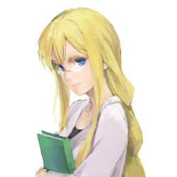Rule 34 | 00s, 1girl, aged up, alicia florence, aria (manga), bespectacled, blonde hair, blue eyes, book, braid, casual, colored eyelashes, from side, glasses, holding, kuroko (piii), long hair, looking at viewer, simple background, smile, solo, upper body, v-neck, white background