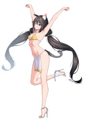 Rule 34 | 1girl, :o, absurdres, animal ears, armpits, arms up, bikini, black hair, breasts, cat ears, cat girl, cat tail, criss-cross halter, full body, green eyes, grey footwear, halterneck, high heels, highres, leg up, loincloth, long hair, low twintails, medium breasts, navel, open mouth, original, simple background, solo, standing, standing on one leg, stomach, striped bikini, striped clothes, swimsuit, tail, twintails, very long hair, white background, xiaoxi0619