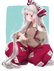 Rule 34 | 1girl, baggy pants, beige shirt, bow, brushing hair, buttons, collared shirt, footwear bow, fujiwara no mokou, hair bow, highres, hime cut, long hair, long sleeves, mokoiscat, ofuda, ofuda on clothes, pants, red eyes, red footwear, red pants, shirt, sidelocks, sitting, sleeve garter, solo, suspenders, touhou, very long hair, white background, white bow, white hair