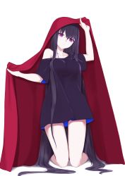 Rule 34 | 1girl, arm up, bare shoulders, black hair, black shirt, breasts, collarbone, commentary request, fate/grand order, fate (series), hair between eyes, head tilt, highres, jilu, kneeling, long hair, looking at viewer, murasaki shikibu (fate), off shoulder, parted lips, purple eyes, shadow, shirt, small breasts, solo, very long hair, white background