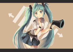 Rule 34 | 1girl, arrow (projectile), belt, cowboy shot, dress shirt, green hair, hair ornament, hatsune miku, letterboxed, lips, long hair, looking at viewer, megaphone, orange background, pleated skirt, shirt, short sleeves, silence girl, simple background, skirt, smile, solo, thighhighs, twintails, very long hair, vocaloid, white shirt, white thighhighs, wristband, zettai ryouiki