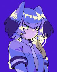 Rule 34 | 1girl, black hair, breast pocket, catmouth, closed mouth, collared shirt, commentary, english commentary, green eyes, grey hair, grey shirt, hair between eyes, head wings, highres, kemono friends, long hair, multicolored hair, necktie, pocket, purple background, shirt, shoebill (kemono friends), short sleeves, sidelocks, solo, upper body, white necktie, wings