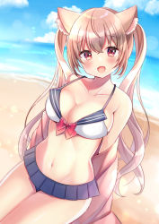 Rule 34 | 1girl, :d, animal ear fluff, animal ears, bad id, bad pixiv id, bare shoulders, beach, bikini, bikini skirt, blue bikini, blush, bow, breasts, brown hair, brown jacket, cleavage, collarbone, commentary, day, hair between eyes, highres, horizon, jacket, long hair, looking at viewer, medium breasts, minami saki, mismatched bikini, ocean, off shoulder, open mouth, original, outdoors, red bow, red eyes, sand, sidelocks, smile, swimsuit, symbol-only commentary, twintails, very long hair, water, white bikini