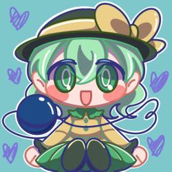 Rule 34 | 1girl, :d, black footwear, black hat, blouse, blush, blush stickers, bow, bright pupils, buttons, chibi, commentary, diamond button, eyes visible through hair, frilled shirt collar, frilled sleeves, frills, full body, green background, green hair, green skirt, hair between eyes, hat, hat bow, heart, heart of string, highres, komeiji koishi, long sleeves, looking at viewer, maskin mei, medium hair, on ground, open mouth, shirt, shoes, simple background, sitting, skirt, smile, solo, thighhighs, touhou, white pupils, yellow bow, yellow shirt