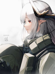 Rule 34 | 1girl, absurdres, arknights, closed mouth, highres, horns, looking away, mudrock (arknights), pointy ears, red eyes, solo, tab head, upper body, white hair