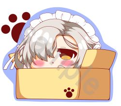 Rule 34 | 1girl, :&lt;, absurdres, azur lane, big head, blue outline, blush, bow, box, braid, brown eyes, cardboard box, chibi, grey hair, hair over one eye, hand up, highres, in box, in container, kurukurumagical, maid headdress, outline, parted lips, sample watermark, sheffield (azur lane), solo, triangle mouth, watermark, white background, white bow