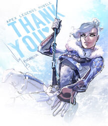 Rule 34 | 1girl, 2023, apex legends, apex legends mobile, artist name, asymmetrical hair, black gloves, blue jacket, bodysuit, cable, commentary, cropped jacket, english commentary, floating hair, fur-trimmed jacket, fur trim, gloves, grey bodysuit, grey hair, hair between eyes, hair bun, highres, jacket, long bangs, looking to the side, official alternate costume, open hand, parted lips, sidecut, single hair bun, smile, snow ground wraith, solo, thank you, twitter username, undercut, vontvirus, western comics (style), white eyes, wraith (apex legends)