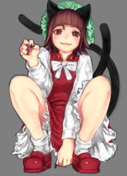 Rule 34 | 1girl, :3, animal ears, blunt bangs, blush, bow, bowtie, brown eyes, brown hair, brown nails, cat ears, cat tail, chen, dress, envenomist (gengoroumaru), fingernails, full body, hat, long fingernails, long sleeves, looking at viewer, mob cap, multiple tails, parted lips, red dress, red footwear, shoes, short hair, socks, solo, squatting, tail, touhou, twitter username, two tails, white bow, white bowtie, white socks