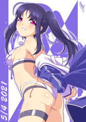 Rule 34 | 1girl, absurdres, ahoge, ass, bikini, birthday, breasts, bunji, commentary request, dated, earrings, highres, jacket, jewelry, kazuno sarah, love live!, love live! sunshine!!, medium breasts, pink eyes, purple hair, removing jacket, shiny skin, side ponytail, sidelocks, signature, smile, solo, swimsuit