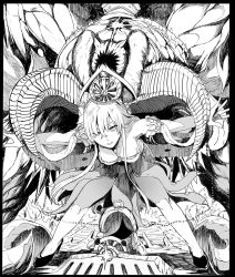 Rule 34 | 1boy, 1girl, anastasia (fate), bare shoulders, bent over, breasts, cleavage, crown, doll, fate/grand order, fate (series), greyscale, hair between eyes, high heels, horns, ivan the terrible (fate), long hair, looking at viewer, monochrome, outstretched arms, parted lips, spread legs, syatey