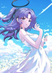Rule 34 | 1girl, bare arms, bare shoulders, blue archive, blue sky, breasts, cloud, commentary, cowboy shot, day, dress, field, floating hair, flower, flower field, from side, hair ornament, halo, hands up, highres, holding, holding flower, houji tea latte, light blush, light particles, long hair, looking at viewer, looking to the side, medium breasts, outdoors, parted lips, purple eyes, purple hair, sky, sleeveless, sleeveless dress, smile, solo, spaghetti strap, standing, strap slip, sundress, two side up, white dress, white flower, yuuka (blue archive)