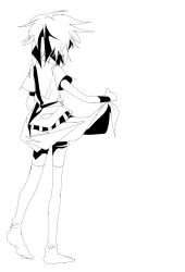 Rule 34 | 1other, androgynous, armband, chinese commentary, coat, coat hold, commentary request, from behind, full body, greyscale, hairband, high contrast, highres, kurohebi, len&#039;en, ling s, monochrome, no shoes, other focus, short hair, short sleeves, simple background, sketch, socks, solo, white background